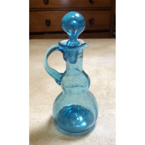 Aqua Glass Hand Blown Vinegar Cruet with Stopper Vintage - Picture 1 of 8